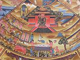 Tibetan Buddhism Wheel Of Life 06 06-1 Hell Beings The sector at the very bottom depicts hell, shown as a place of intense pain and torment, where its victims are subjected to the most excruciating tortures. Normally hell is divided into 8 hot hells, 8 cold hells, and minor hells. Hell could also represent acute mental suffering, maybe even insanity. Yama holds a mirror to reflect our mind and past actions, and a set of scales for us to measure the causes of our hatred and anger and their negative effects. The blue coloured Buddha offers the hell beings nectar, which gives them ease from their mental torture.